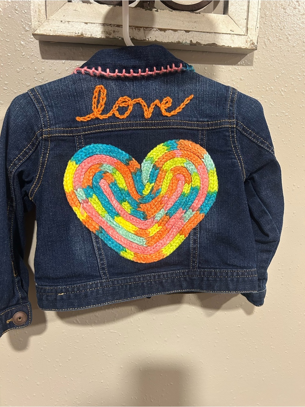 besametx Original Design on Upcycled Denim Jacket w/Colorful Braided Heart 18m